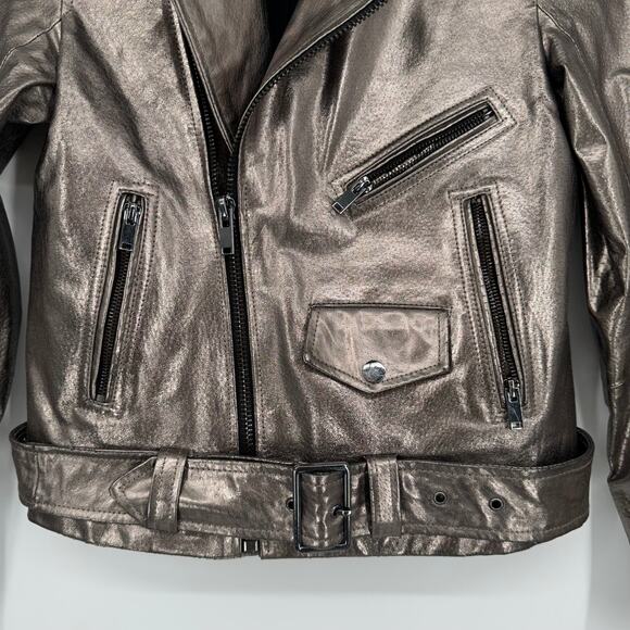 ZARA Genuine Leather Jacket Silver Metallic Belted Moto Biker Jacket - Picture 8 of 16